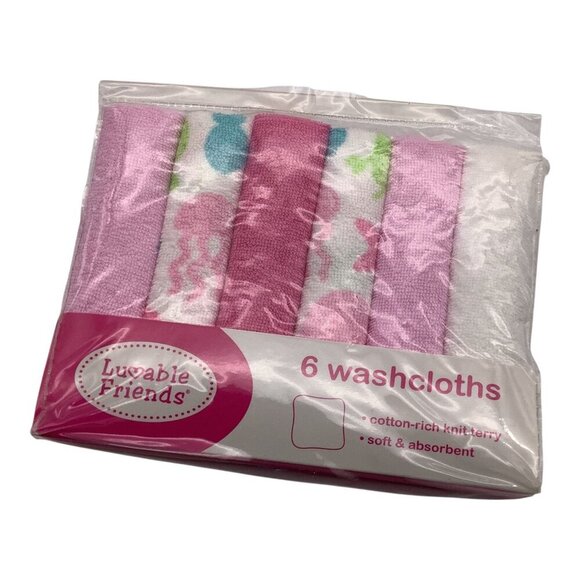 Luvable Friends Girls Baby Washcloths Pink Ocean Creatures Soft Cotton Rich Knit - Picture 4 of 5
